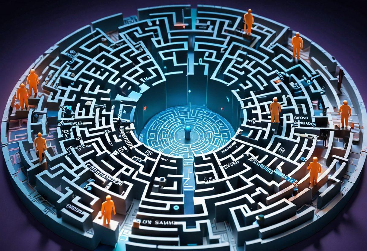 A complex maze made of insurance documents and policies, with diverse people of different ages and backgrounds navigating through it, each holding a map labeled 'coverage' and 'claims.' A shining light at the center symbolizes understanding and clarity. The background features symbols of protection like umbrellas and shields. super-realistic. vibrant colors. 3D.