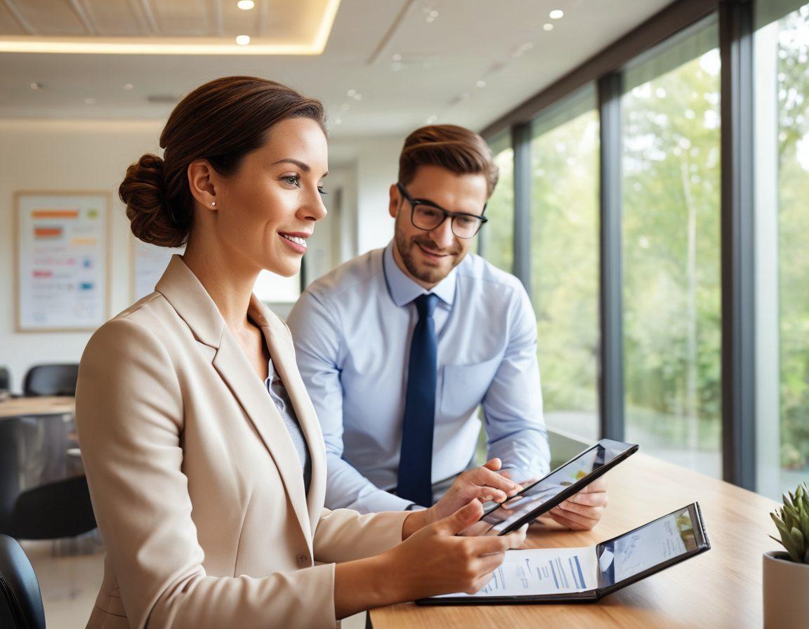 A serene scene depicting a confident individual talking to a friendly insurance broker in a modern office, surrounded by reassuring visuals like certificates and awards on the walls. The broker is gesturing towards a digital tablet showing clear, easily understandable options on insurance plans, symbolizing trust and clarity. Bright light streaming through the windows adds a sense of optimism and peace of mind. soft colors. realistic style.