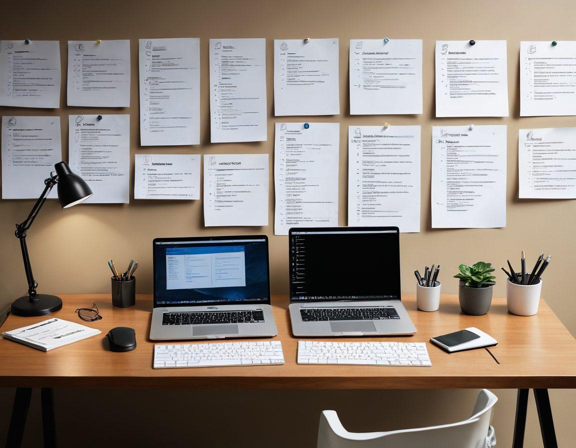 An organized workspace featuring a neatly arranged desk with a laptop displaying a claims management software interface. Papers with checklists and flowcharts scattered around, symbolizing a step-by-step guide. A person diligently working, looking focused and determined, surrounded by a warm and inviting light. A motivational quote on the wall about mastering processes. super-realistic. warm tones. inviting atmosphere.